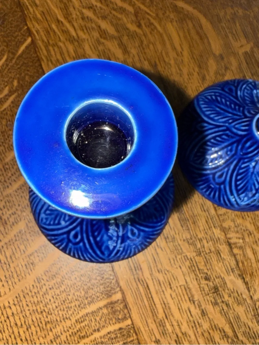 Bright Blue Embossed Ceramic Candlestick Holders - Set of 3